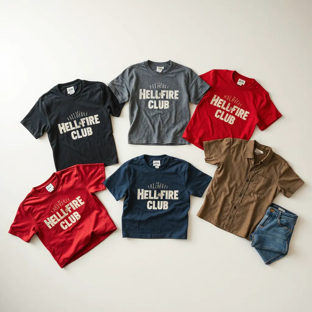 Neatly arranged Hellfire Club shirts showing different cuts and fabric textures on a light background