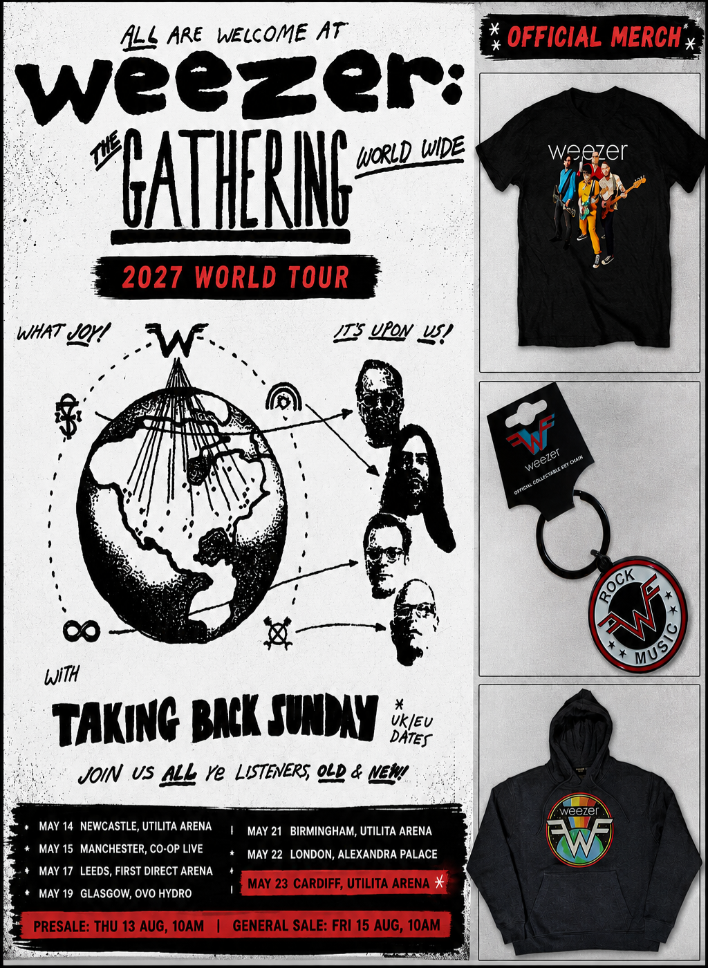Weezer The Gathering Worldwide 2027 World Tour UK dates poster featuring Taking Back Sunday
