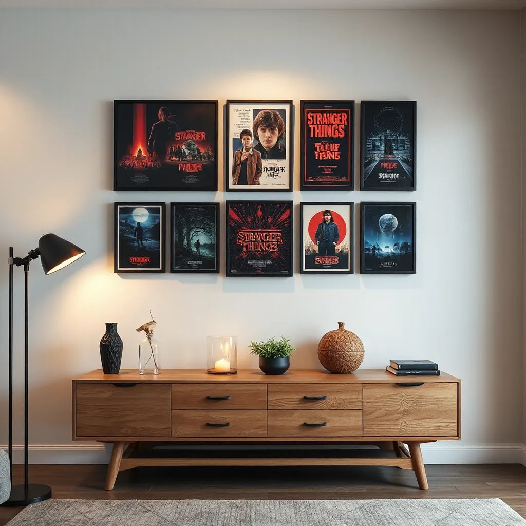 Curated framed Stranger Things inspired posters arranged on a living room wall