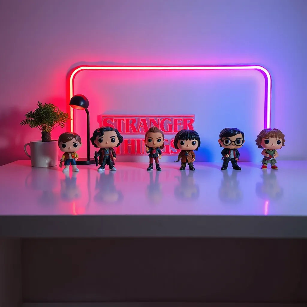 Neatly arranged Stranger Things Funko Pop figures on a tabletop with retro red and blue lighting