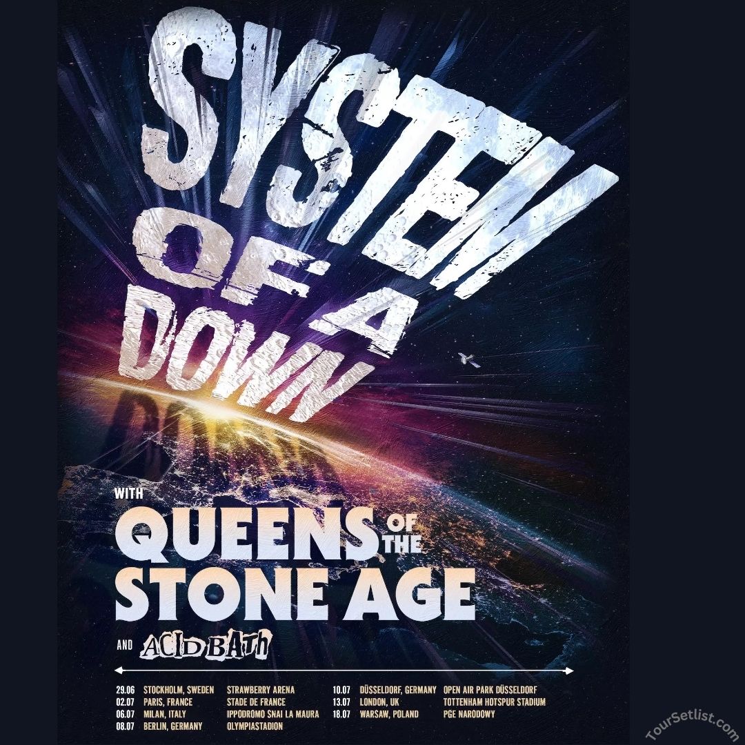System of a Down 2026 European tour poster featuring Queens of the Stone Age and Acid Bath