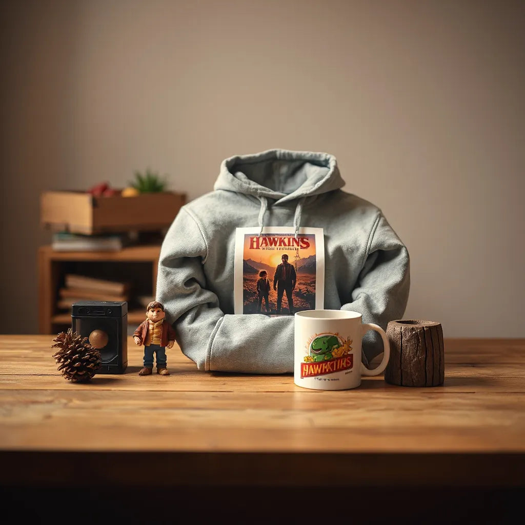 Themed gift items inspired by a retro sci-fi series arranged on a wooden table.