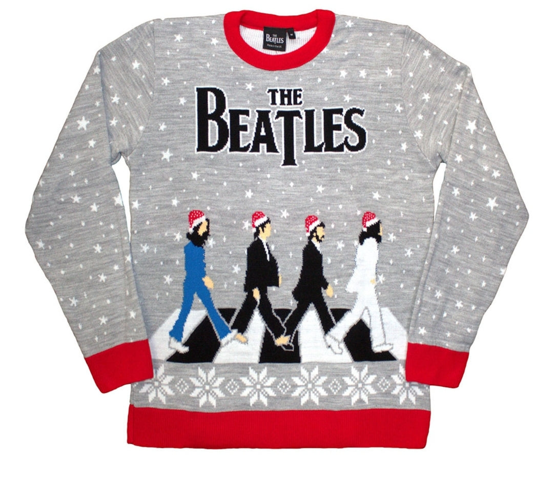 The Beatles Abbey Road Santa Hats Christmas jumper in grey with red cuffs and festive character artwork