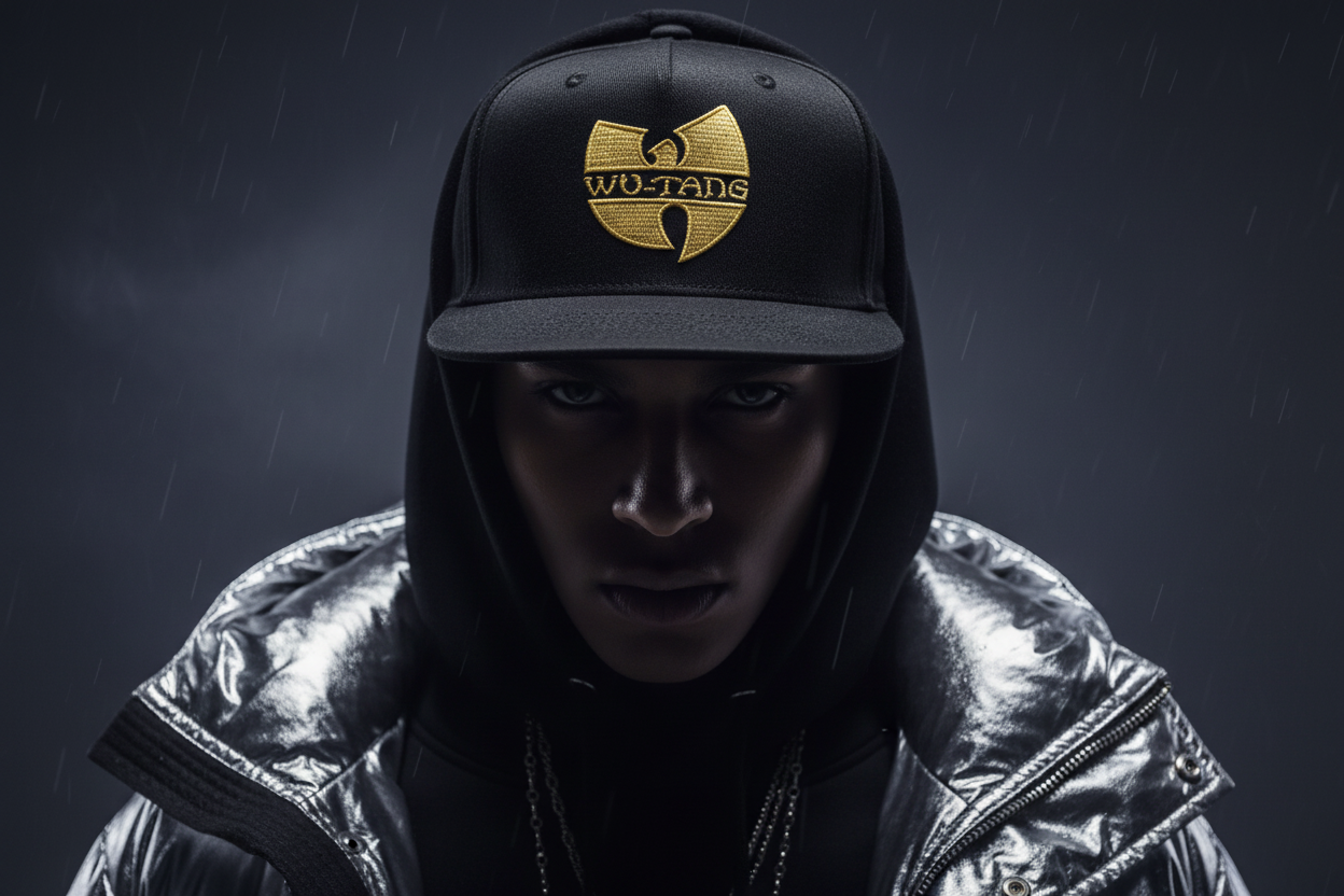 Model wearing Wu-Tang Clan Logo Snapback Cap in black with gold Wu Shield logo
