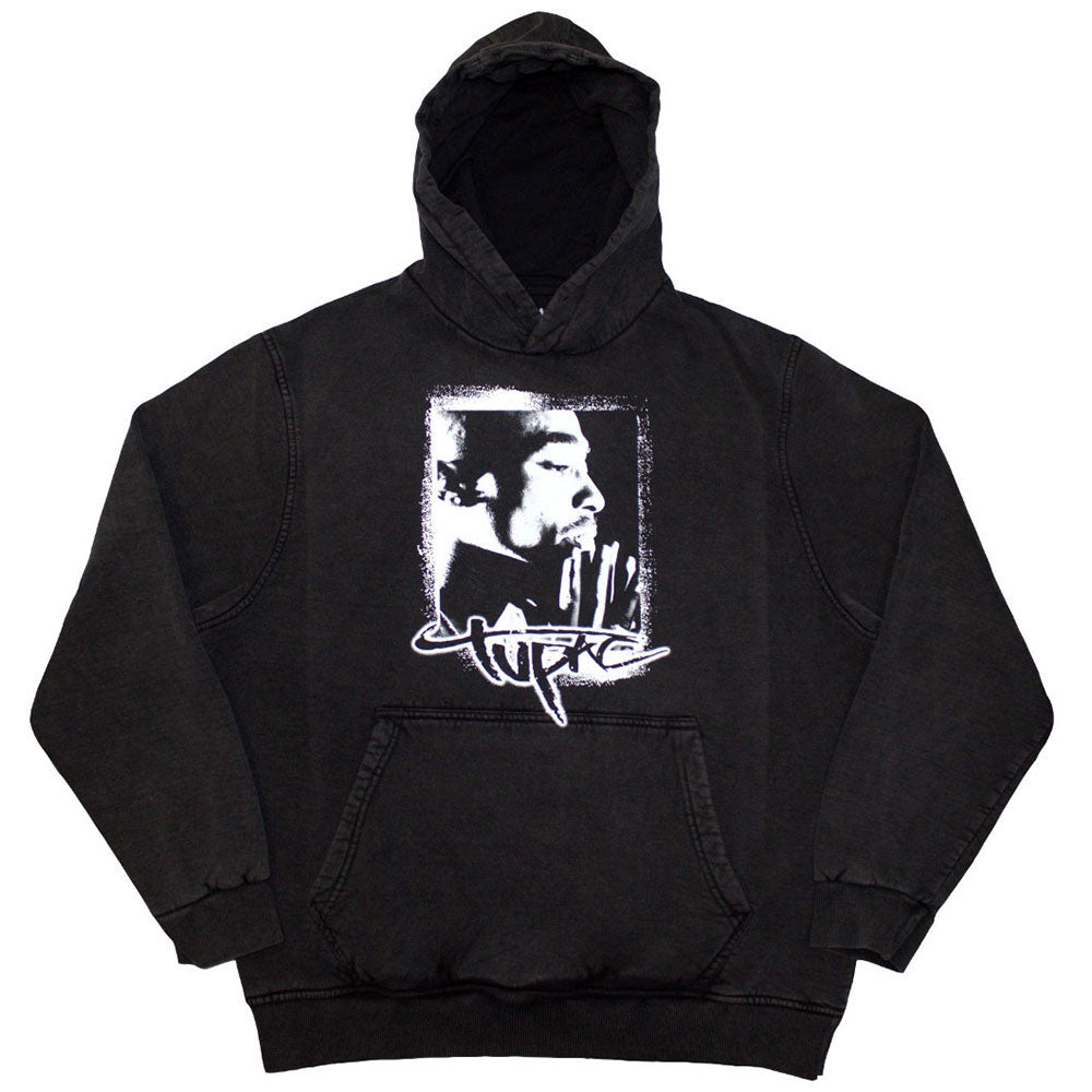 Tupac Unisex Stone Wash Pullover Hoodie: Spray Photo (Charcoal Grey) (Wash Collection)