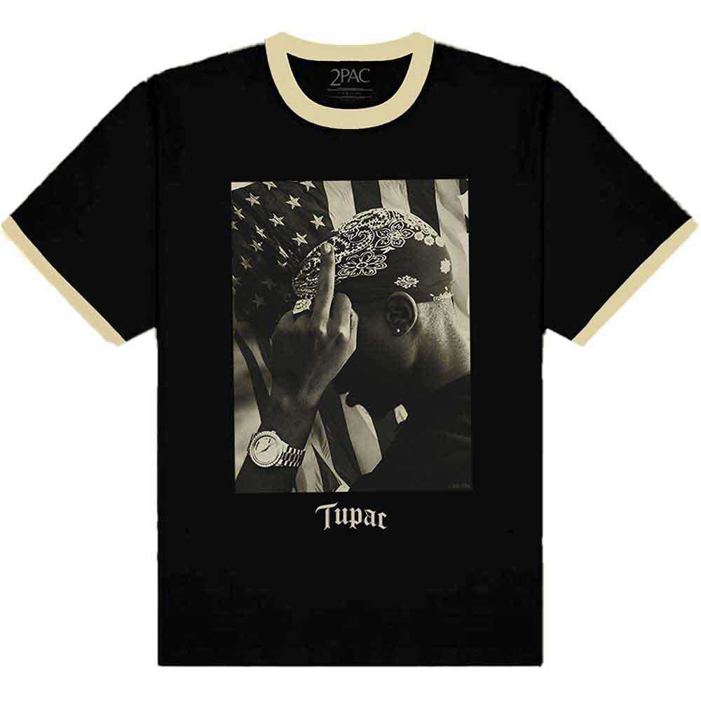 Tupac Unisex Ringer T-Shirt: Flag Photo (Black & Cream)