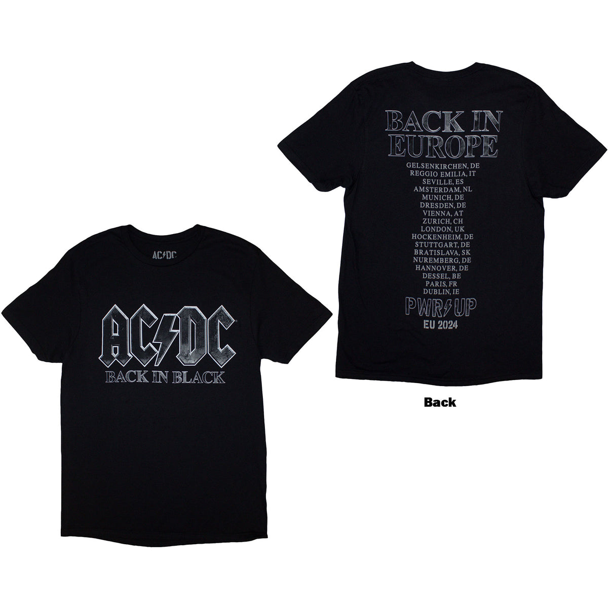 AC/DC Unisex T-Shirt: Back In Black PWR-UP EU Tour '24 (Black) (Back Print & Ex-Tour)