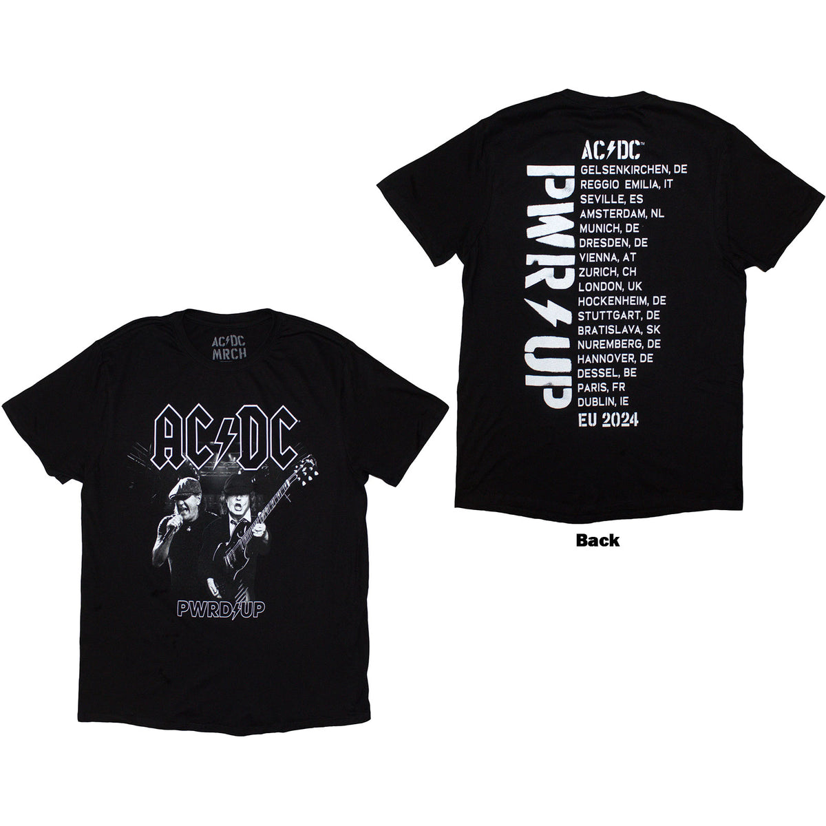 AC/DC Unisex T-Shirt: PWRD-UP B&W Photo EU Tour '24 (Black) (Back Print & Ex-Tour)