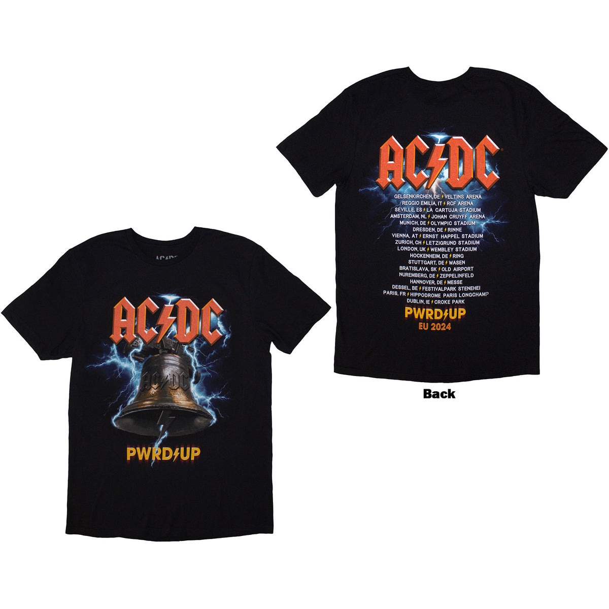 AC/DC Unisex T-Shirt: PWRD-UP In Rock We Trust (Black) (Back Print & Ex-Tour)