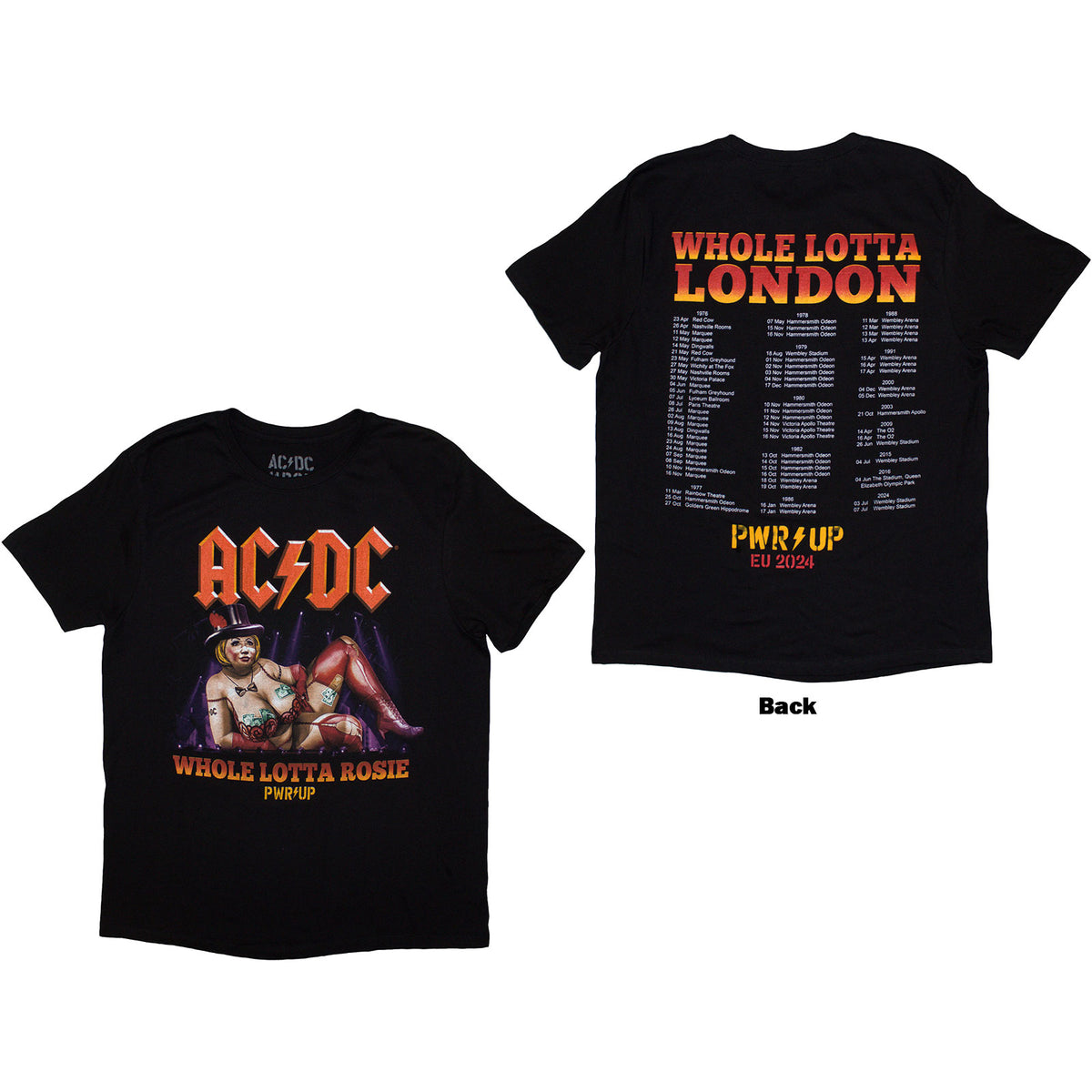 AC/DC Unisex T-Shirt: Whole Lotta London PWR-UP EU Tour '24 (Black) (Back Print & Ex-Tour)