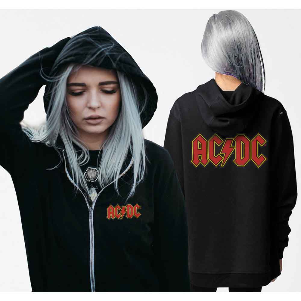 AC/DC Ladies Zipped Hoodie: Logo (Black) (Back Print)