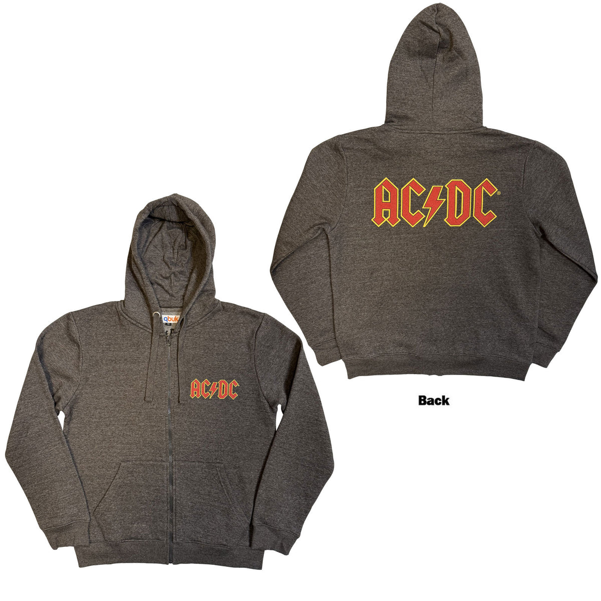 AC/DC Unisex Zipped Hoodie: Logo (Charcoal Grey) (Back Print)