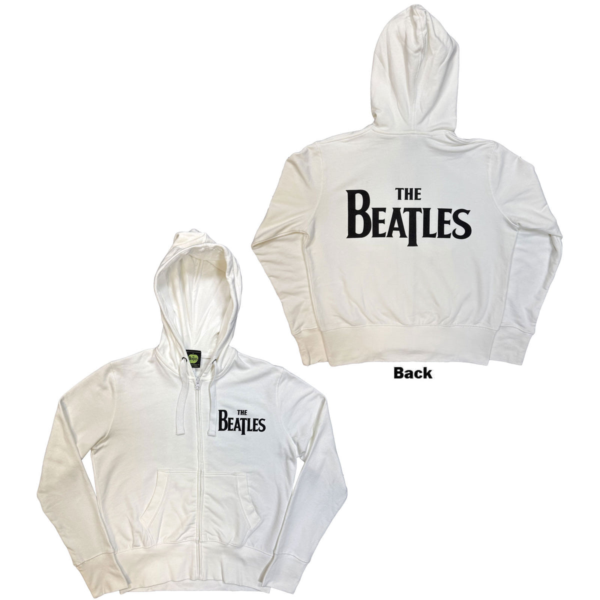 The Beatles Ladies Zipped Hoodie: Drop T Logo (White) (Back Print)