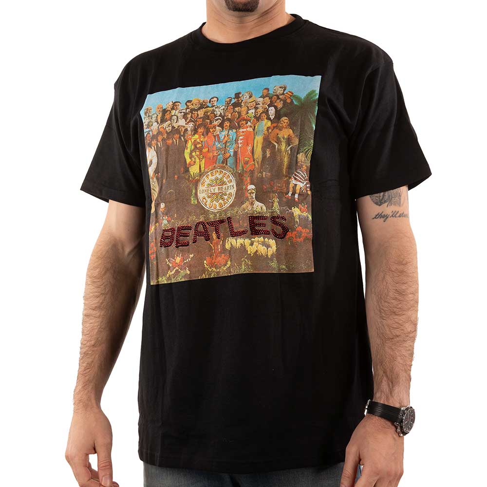 The Beatles Unisex T-Shirt: Sgt Pepper Crystals (Black) (Embellished)