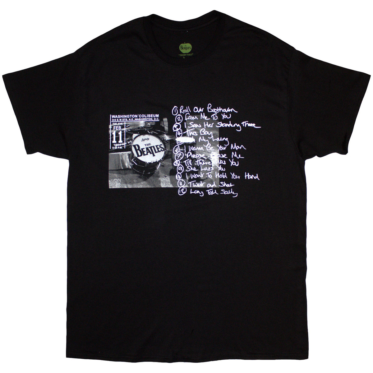 The Beatles Unisex T-Shirt: Washington '64 Drum Photo & Setlist (Black)