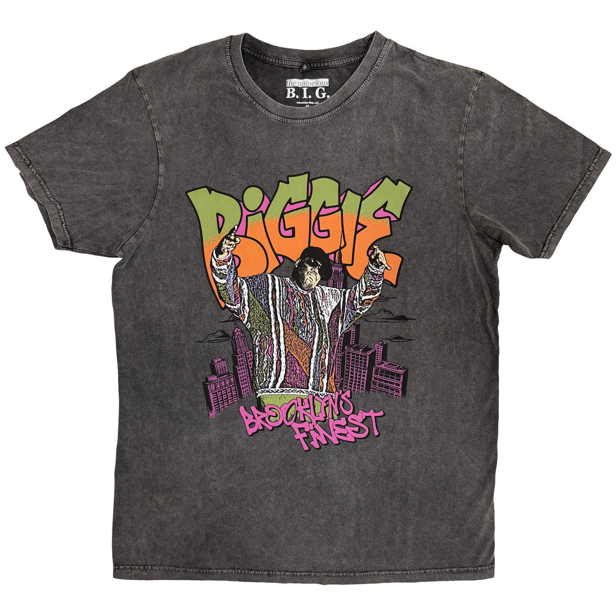 Biggie Smalls Unisex Stone Wash T-Shirt: Cartoon Graffiti (Charcoal Grey)