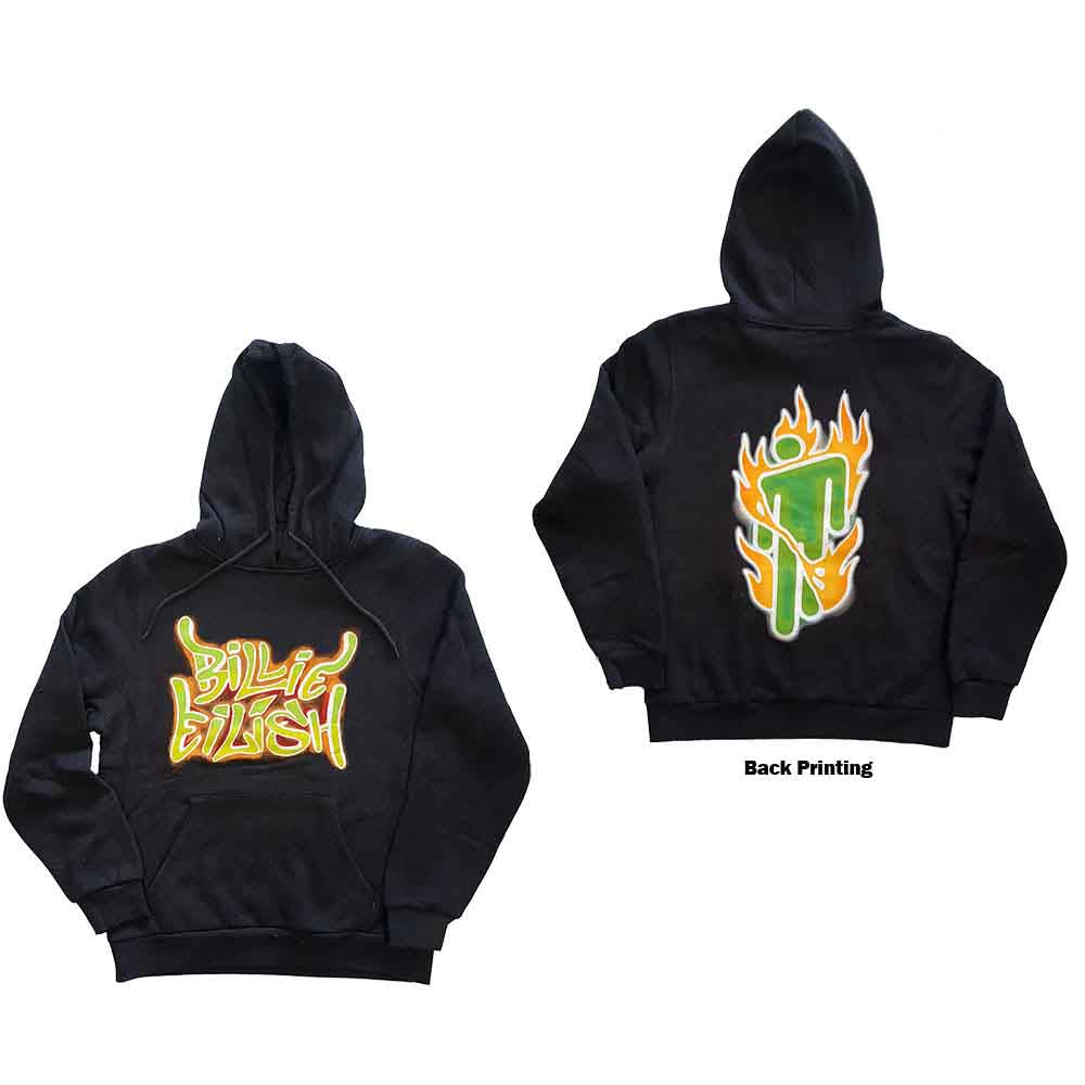 Billie Eilish Unisex Pullover Hoodie: Airbrush Flames Blohsh (Dark Grey) (Back Print)