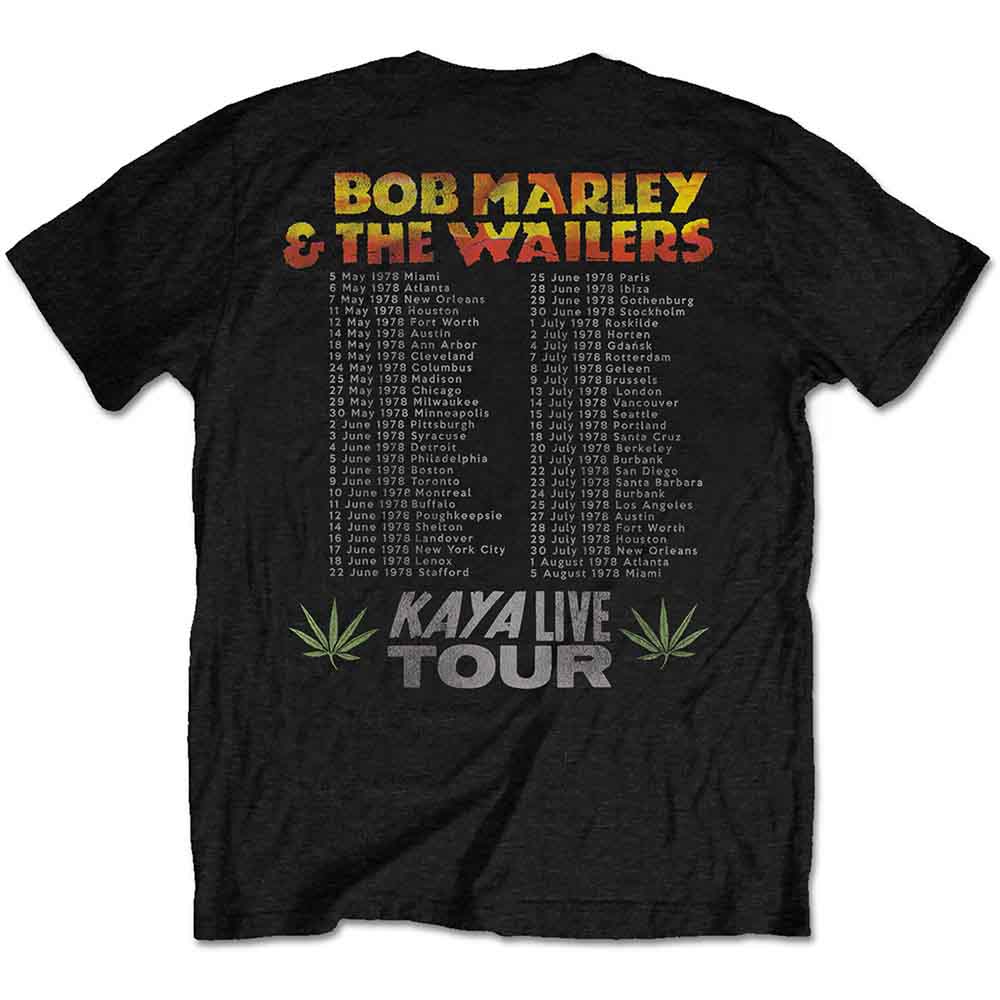 Bob Marley Unisex T-Shirt: Kaya Tour (Black) (Back Print)