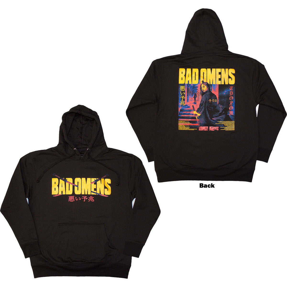 Bad Omens Unisex Pullover Hoodie: Samurai Woman (Black) (Back Print)