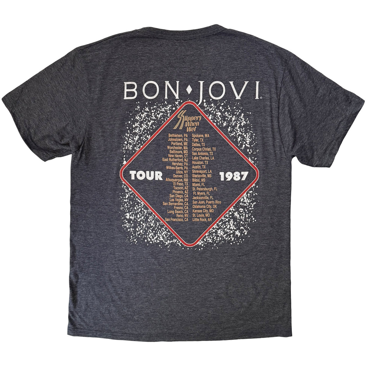 Bon Jovi Unisex T-Shirt: Slippery When Wet '87 (Denim Blue) (Back Print)