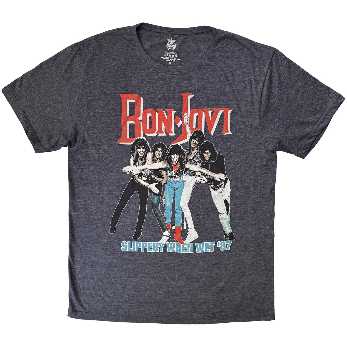 Bon Jovi Unisex T-Shirt: Slippery When Wet '87 (Denim Blue) (Back Print)