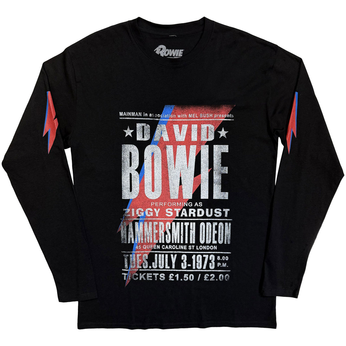 David Bowie Unisex Long Sleeve T-Shirt: Hammersmith Odeon (Black) (Sleeve Print)