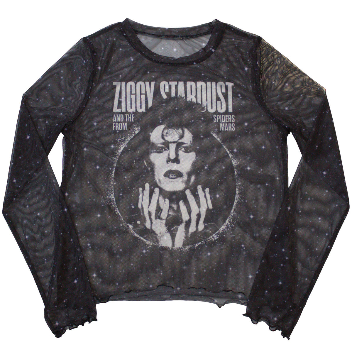 David Bowie Ladies Long Sleeve Mesh Crop Top: Ziggy v1 (Black)