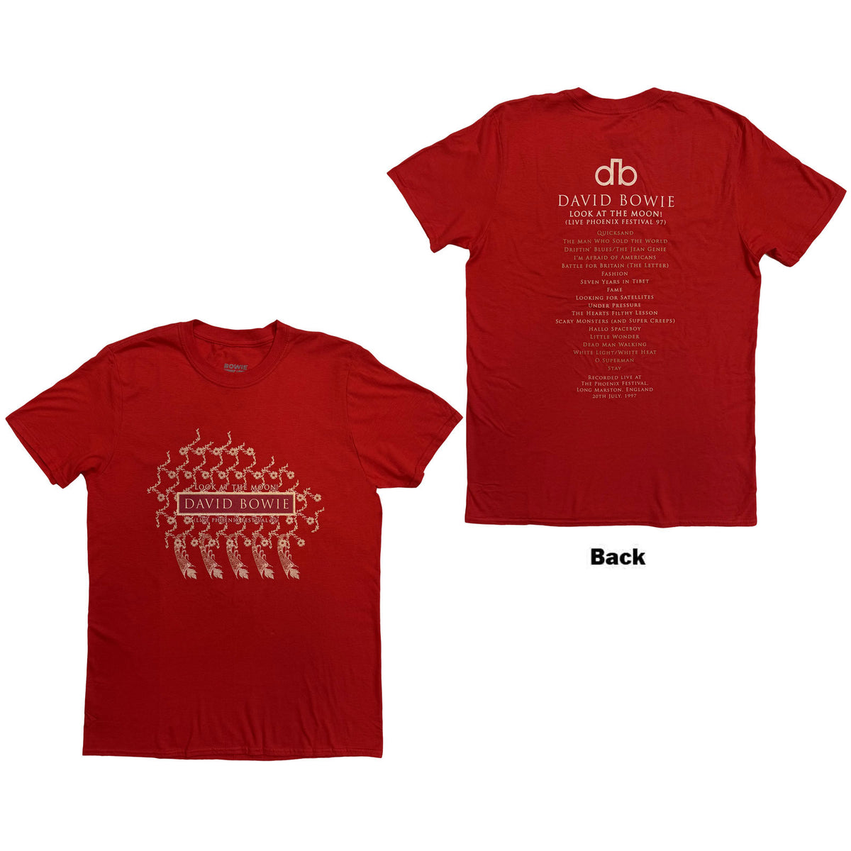 David Bowie Unisex T-Shirt: Pheonix Festival (Cardinal Red) (Back Print)