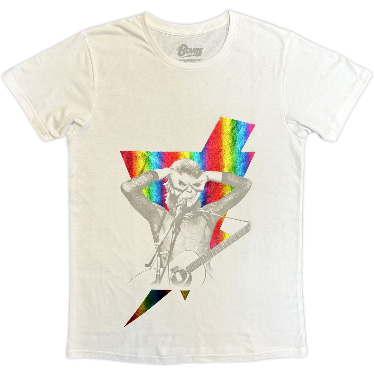 David Bowie Unisex T-Shirt: Holographic Bolt Foiled Print (White) (Embellished)