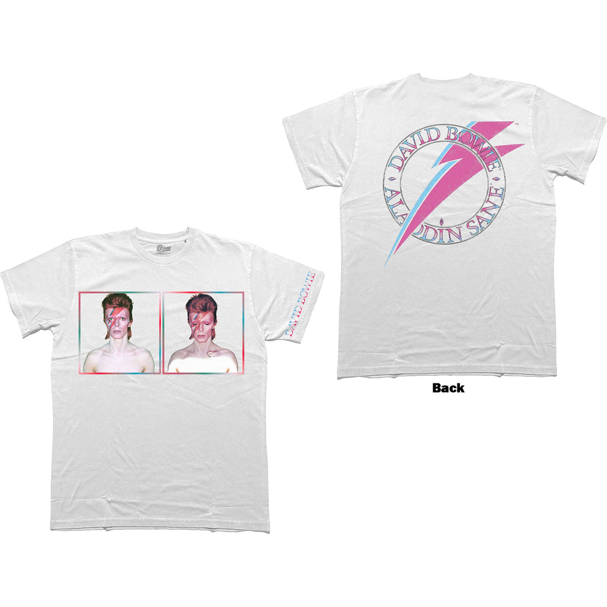 David Bowie Unisex T-Shirt: Aladdin Sane Photos (White) (Back & Sleeve Print)
