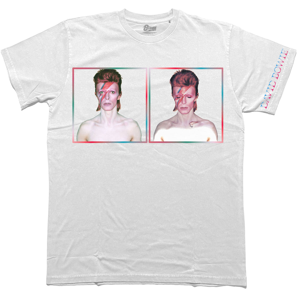 David Bowie Unisex T-Shirt: Aladdin Sane Photos (White) (Back & Sleeve Print)