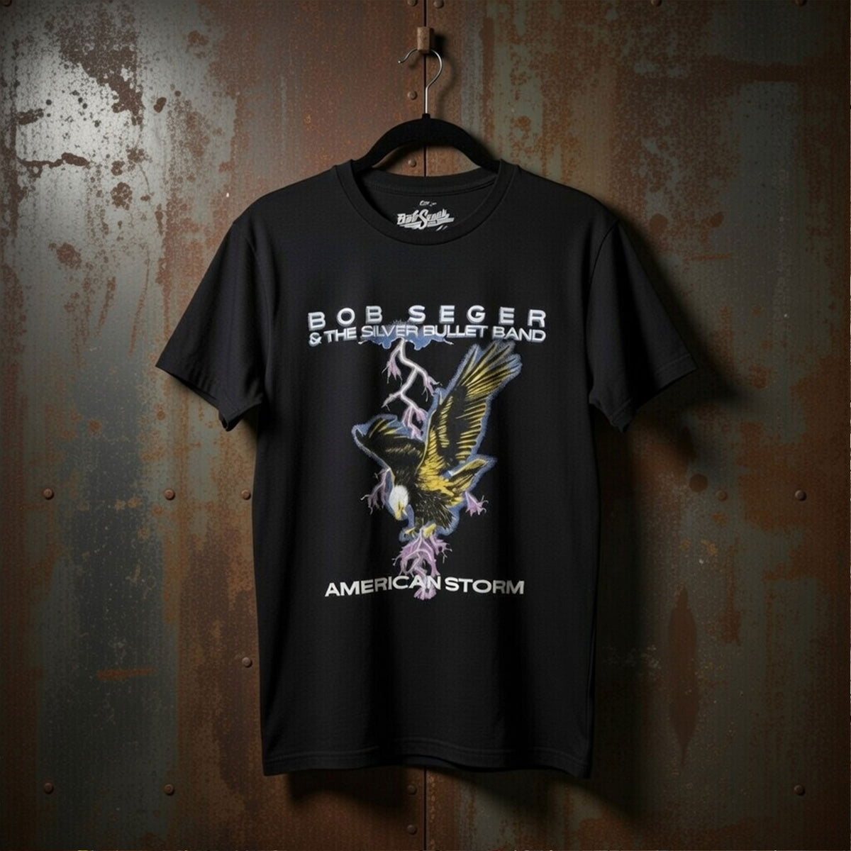Bob Seger & The Silver Bullet Band Unisex Premium Carbon T-Shirt: American Storm (Black) (Back Print)