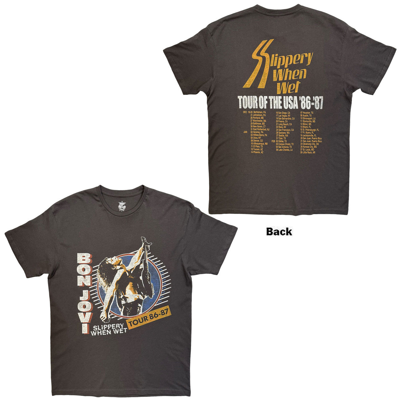 Bon Jovi: Slippery When Wet Tour '86-'87 Unisex T-Shirt (Charcoal Grey) (Back Print)