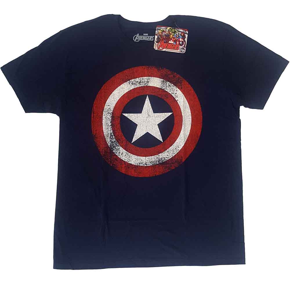 Marvel Comics Unisex T-Shirt: Captain America Distressed Shield (Navy Blue)