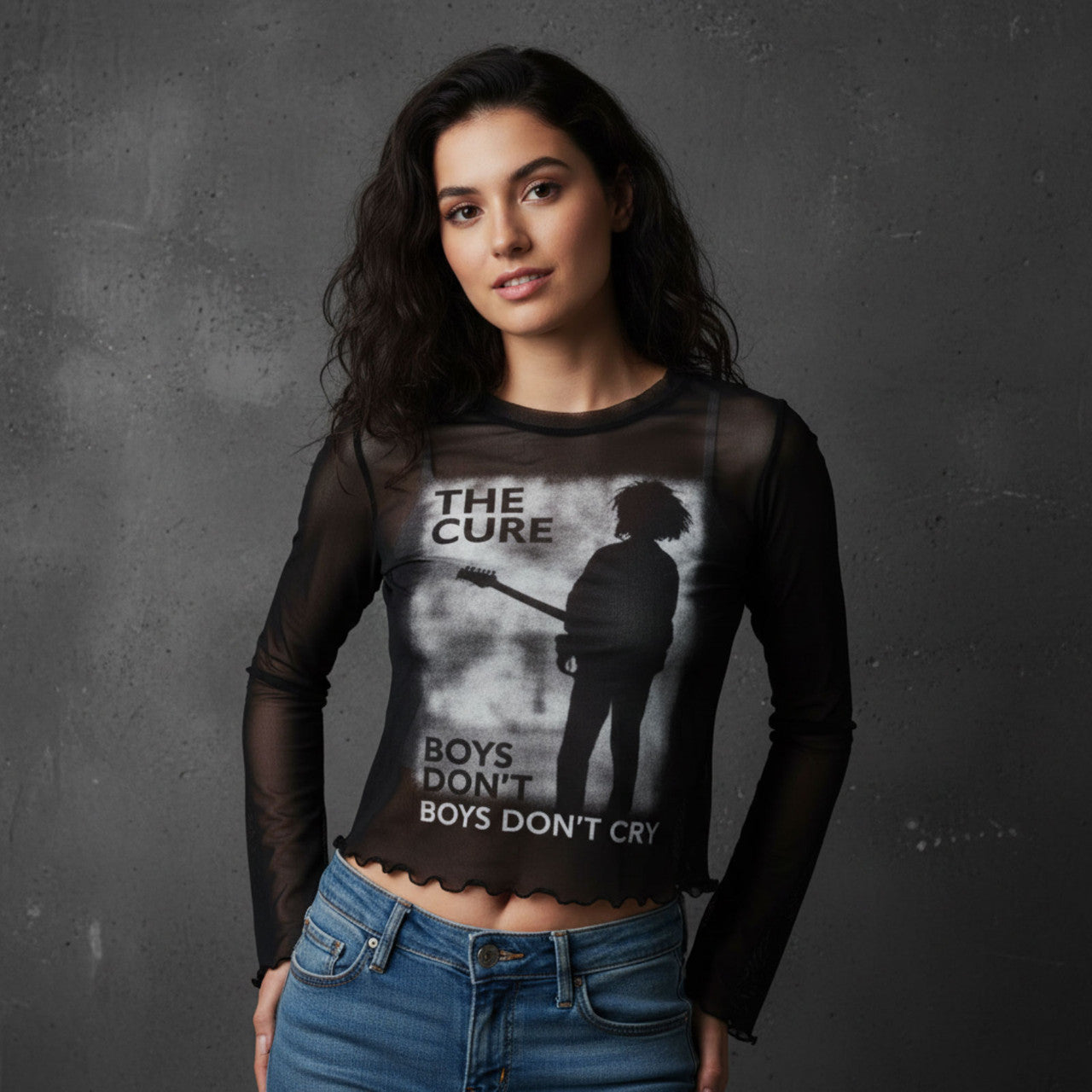 The Cure: Boys Don't Cry B&W Ladies Long Sleeve Mesh Crop Top (Black)