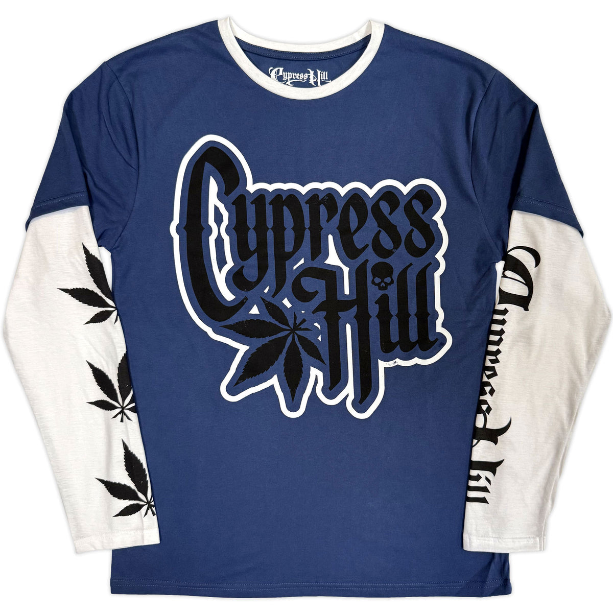 Cypress Hill Unisex 2 In 1 Layered Long Sleeve T-Shirt: Leaf & Logo (Denim Blue & White) (Sleeve Print)
