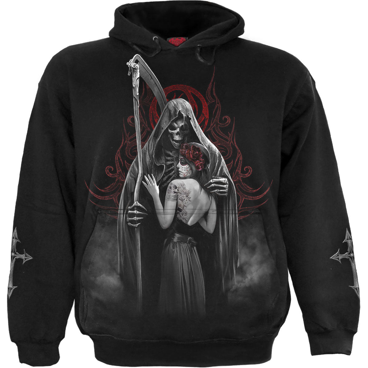 Spiral Unisex Pullover Hoodie: Dead Kiss (Black) (Back & Sleeve Print)