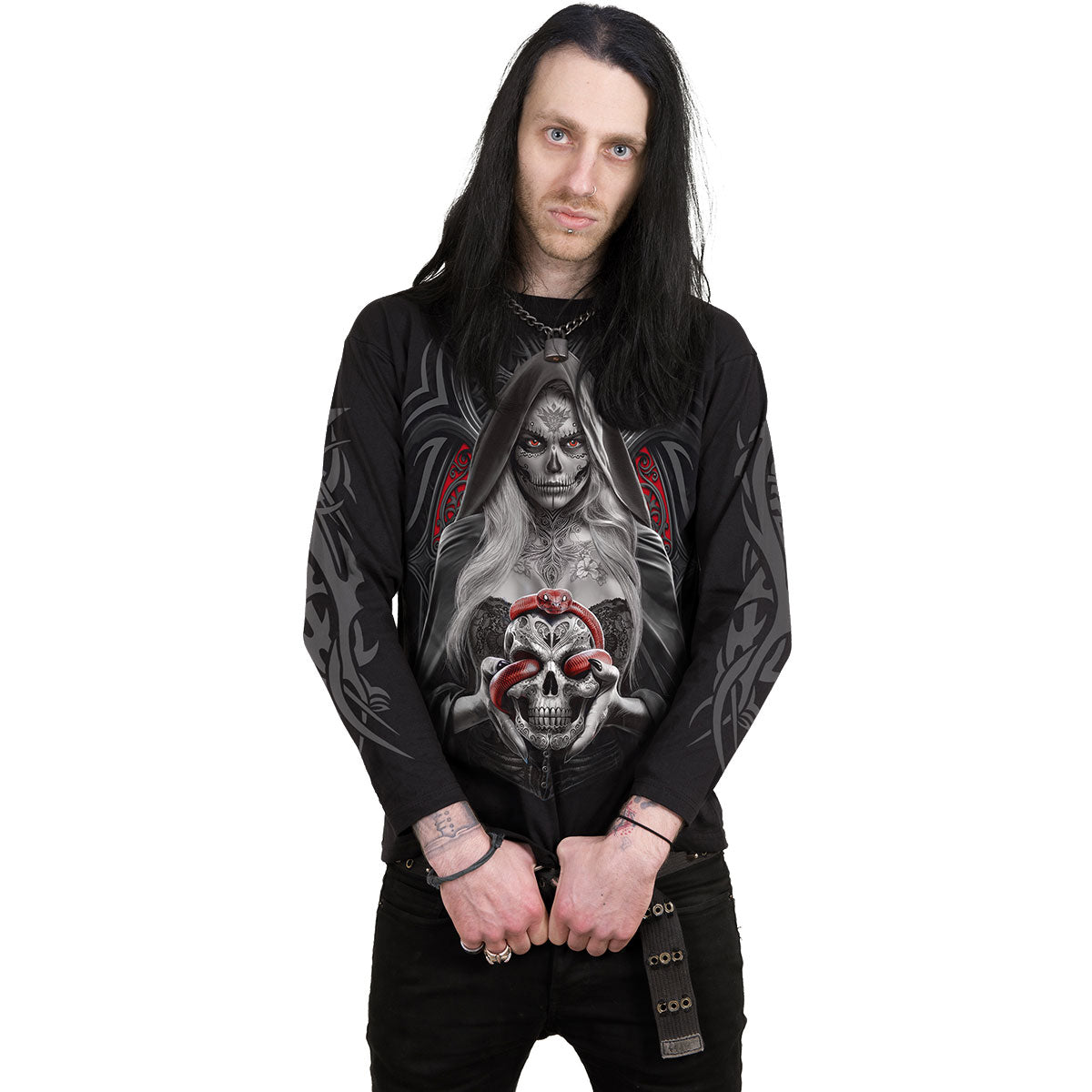 Spiral Unisex Long Sleeve T-Shirt: High Priestess (Black) (Back & Sleeve Print)
