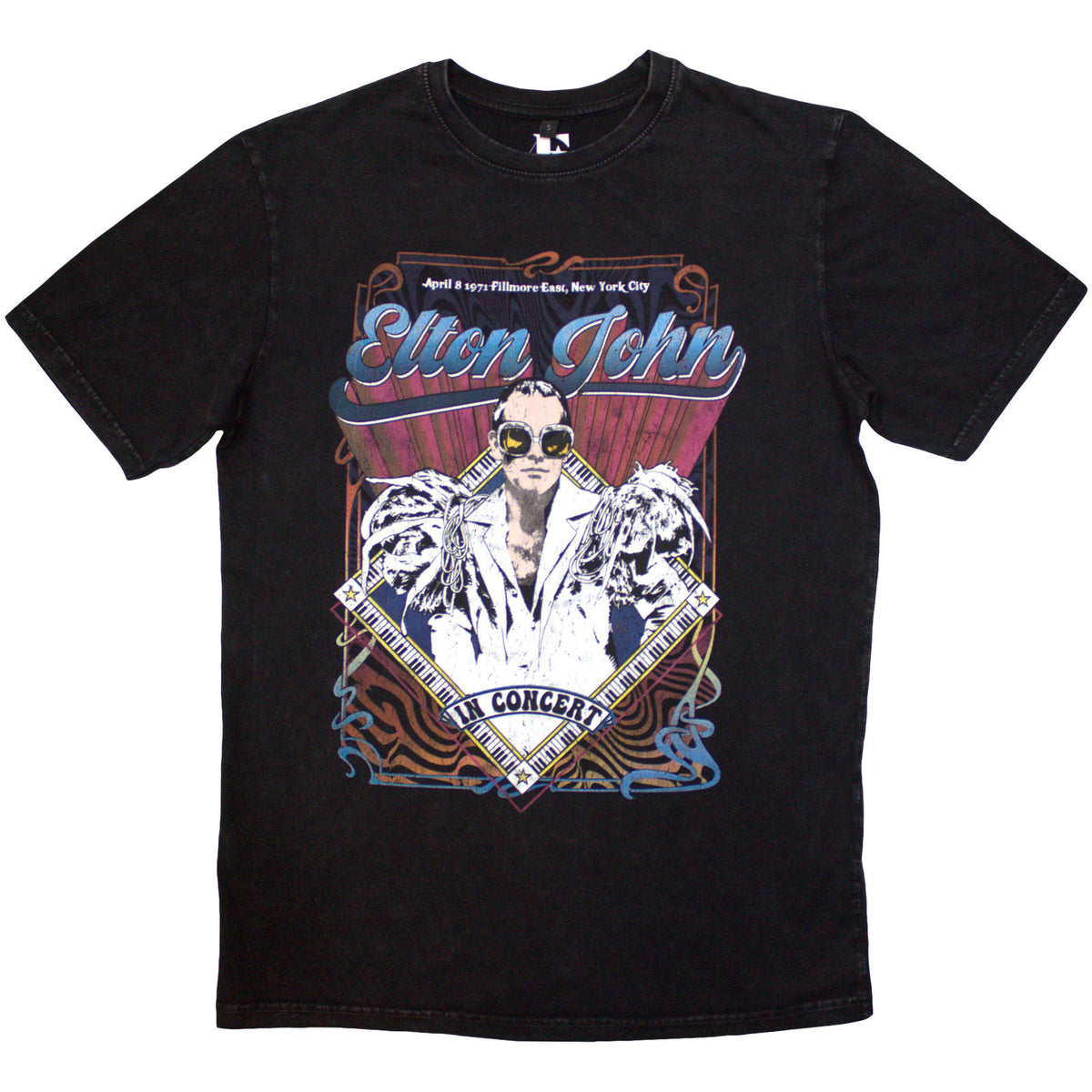 Elton John Unisex Stone Wash T-Shirt: Psych Vintage (Black)