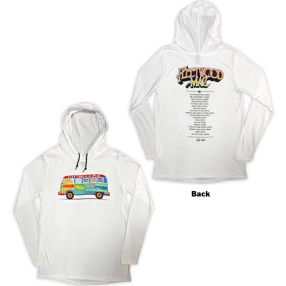 Fleetwood Mac Unisex Pullover Hoodie: Albums Bus Lightweight (White) (Back Print & Ex-Tour)