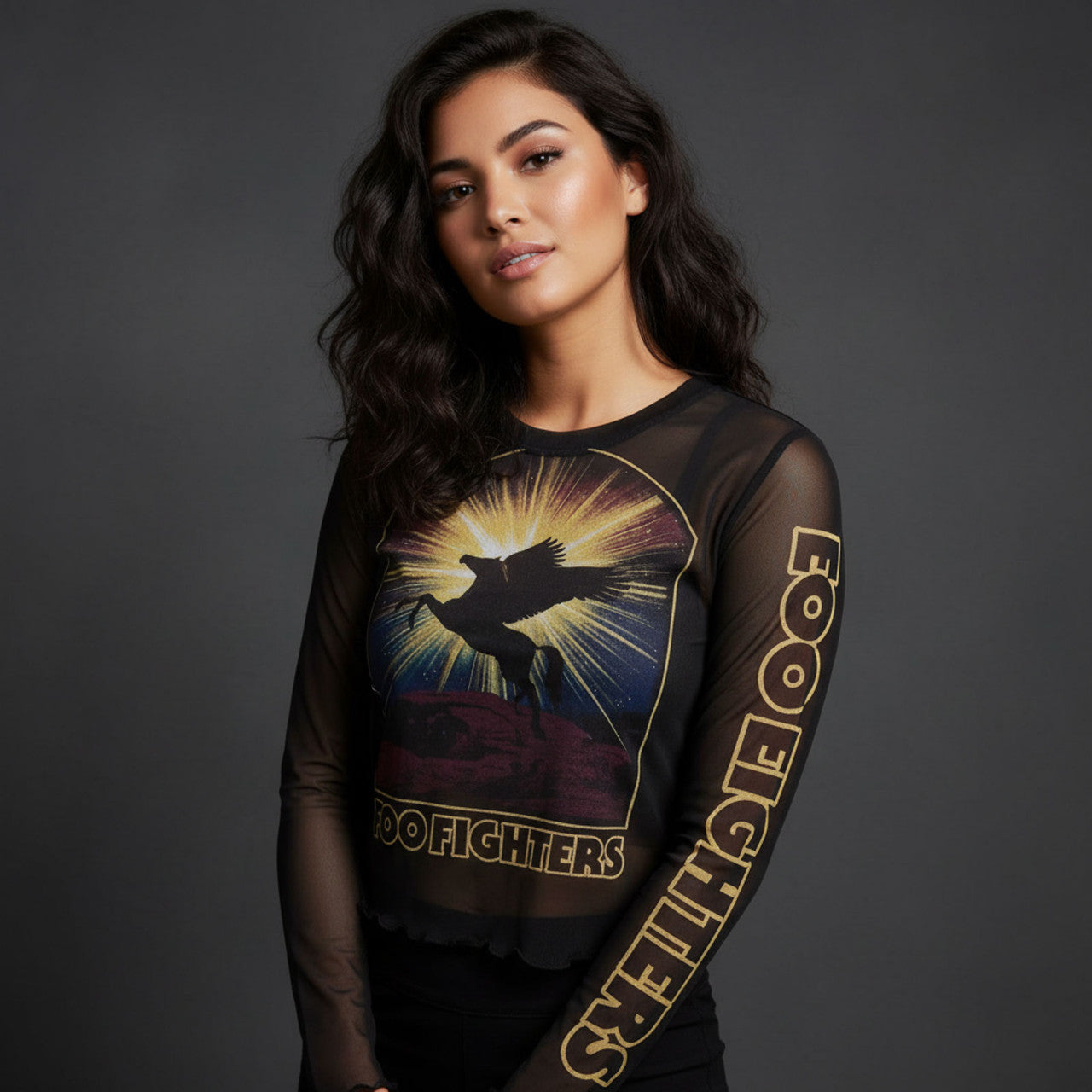 Foo Fighters: Pegasus Ladies Long Sleeve Mesh Crop Top (Black)