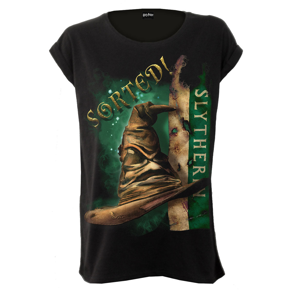 Harry Potter Ladies Boatneck Cap Sleeve T-Shirt: Slytherin Hat (Black)