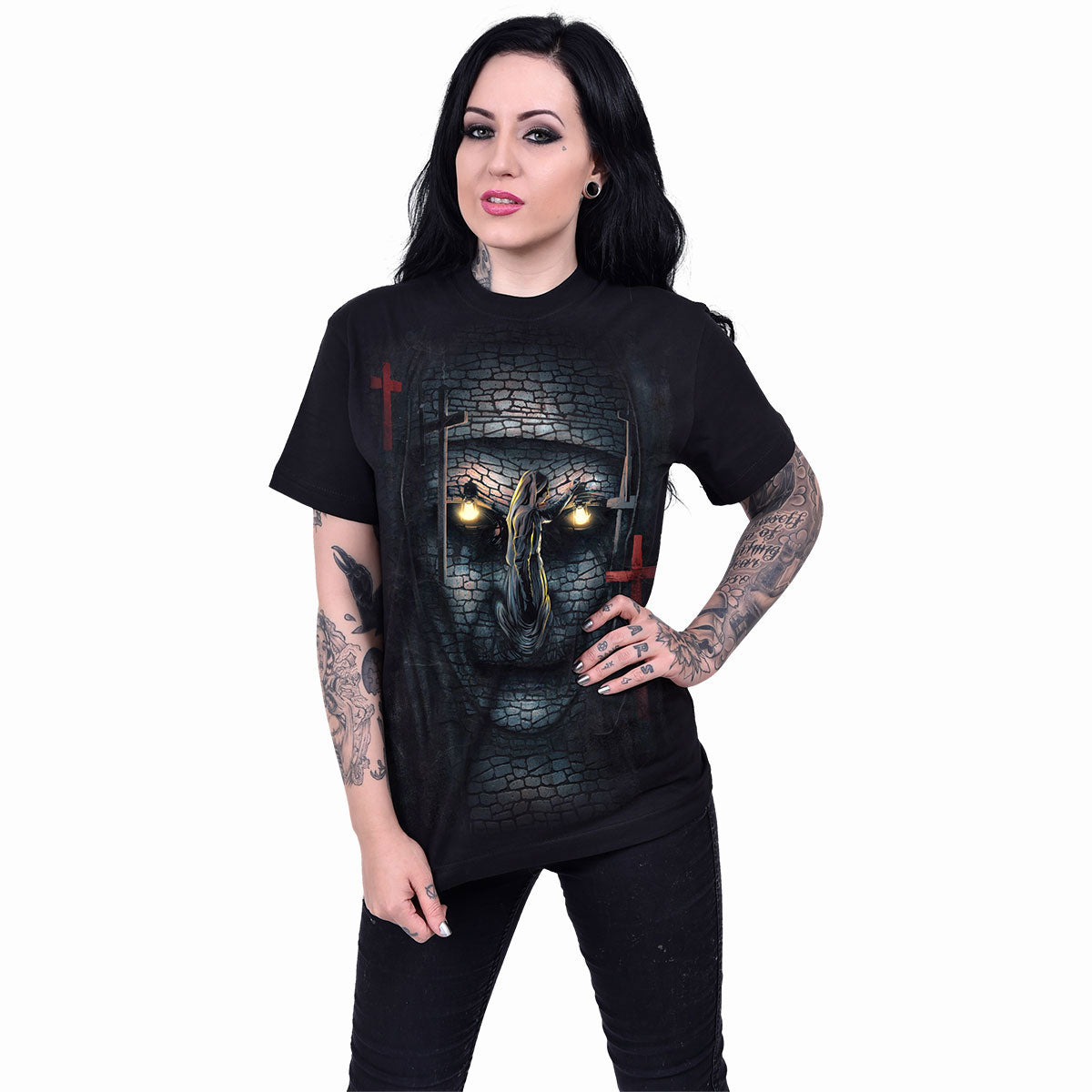 The Nun Unisex T-Shirt: Skull Illusion (Black) (Back Print)