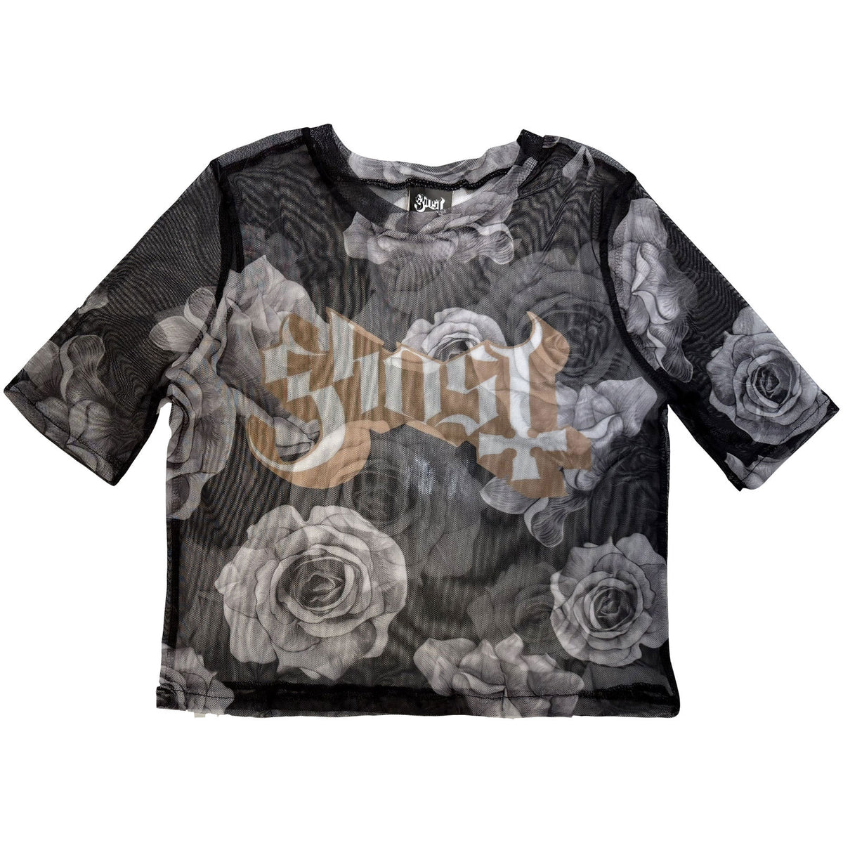 Ghost Ladies Mesh Crop Top: Logo & Roses (Black)