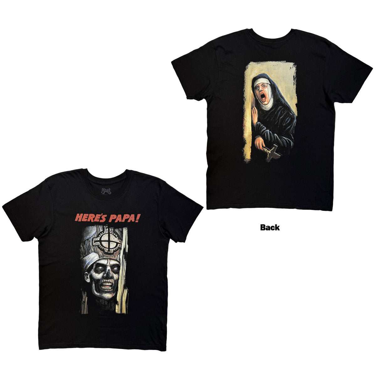 Ghost Unisex T-Shirt: Here's Papa (Black) (Back Print)