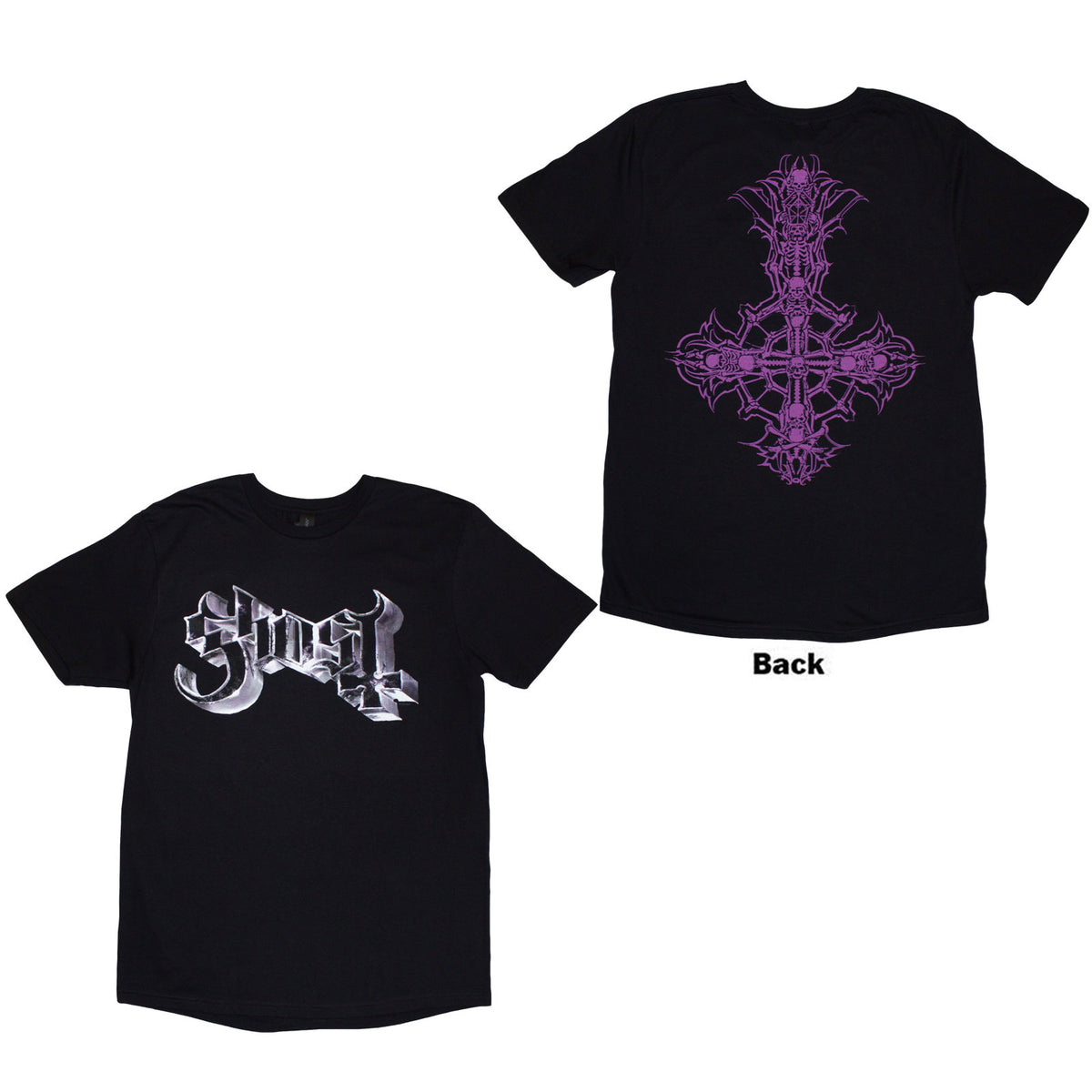 Ghost Unisex T-Shirt: Metal Logo & Purple Grucifix (Black) (Back Print)