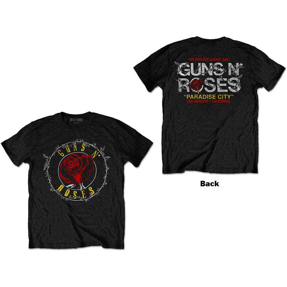 Guns N' Roses Unisex T-Shirt: Rose Circle Paradise City (Black) (Back Print)