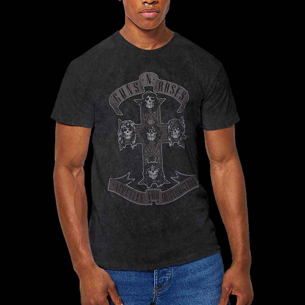 Guns N' Roses Unisex T-Shirt: Monochrome Cross (Dip-Dye On Black) (Wash Collection)