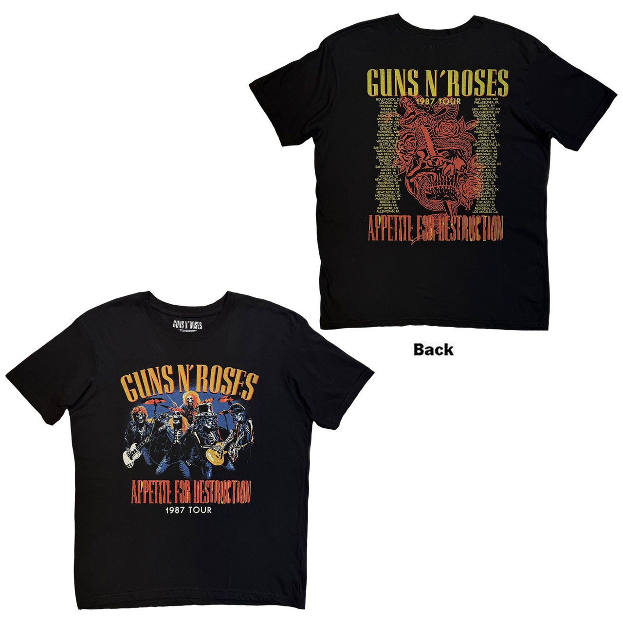 Guns N' Roses: Skeleton 1987 Tour Unisex T-Shirt (Black) (Back Print)