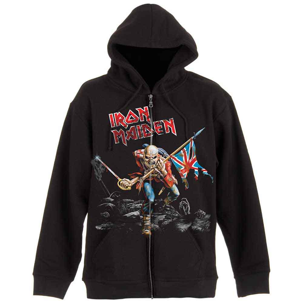 Iron Maiden Unisex Zipped Hoodie: Scuffed Trooper (Black) (Back Print)